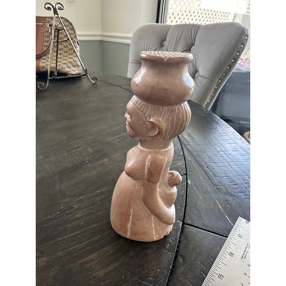 Vintage African Hand Carved Soapstone Woman with Baby and Pot Sculpture 7" EUC